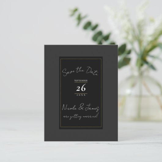 Zwart Grijs Goud Modern Minimal Save the Date Aankondigingskaart (Staand voorkant)