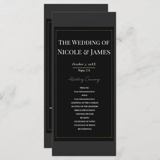 Zwart Grijs Goud Modern Minimal Wedding Programma Programmakaart (Voorkant / Achterkant)
