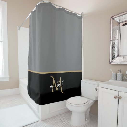 Zwart | Grijs & Goud Monogram Elegante Luxe Douchegordijn (In situ)