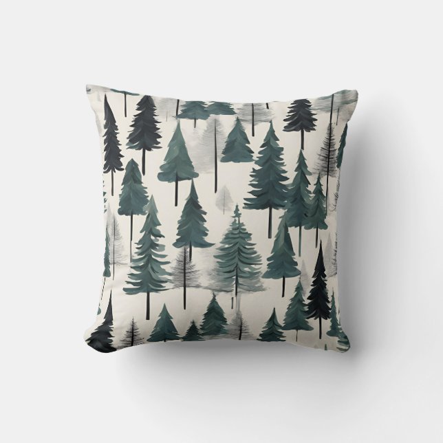 Zwart Grijs Groen Rustieke Winter Kerstbomen Kussen (Voorkant)