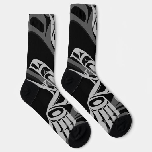 Zwart Grijs Haida Eagle Thunder Vogel Native Art Sokken (Rechts)