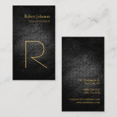 Zwart Grijs Lederen Goud Monogram Visitekaartje (Voorkant / Achterkant)