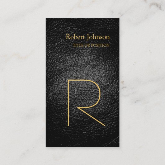 Zwart Grijs Lederen Goud Monogram Visitekaartje (Voorkant)