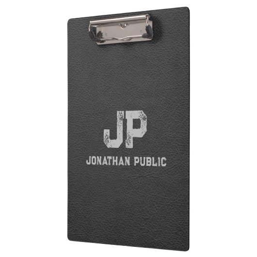 Zwart Grijs Leer Kijk Verdrietige Naam Monogram Klembord (Links)