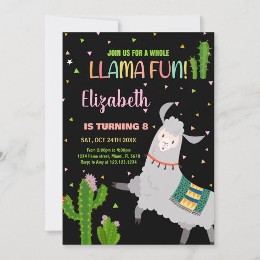 Zwart Grijs Llama Fun Llama Verjaardag Uitnodiging (Voorkant)