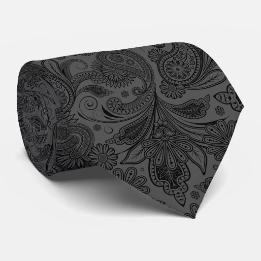 Zwart & Grijs Monochromatische   Paisley Stropdas (Opgerold)