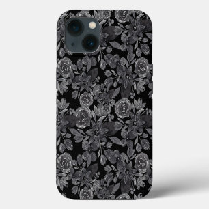 Zwart grijs monochroom waterverf bloemen bladeren iPhone 13 hoesje