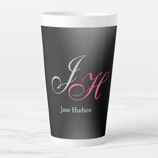 Zwart Grijs Monogram Naam Initiaal Letters Script Latte Mok (Voorkant)