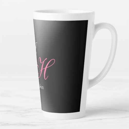 Zwart Grijs Monogram Naam Initiaal Letters Script Latte Mok (Rechts)