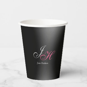 Zwart Grijs Monogram Naam Initiaal Letters Script Papieren Bekers