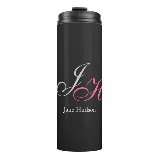 Zwart Grijs Monogram Naam Initiaal Letters Script Thermosbeker (Voorkant)