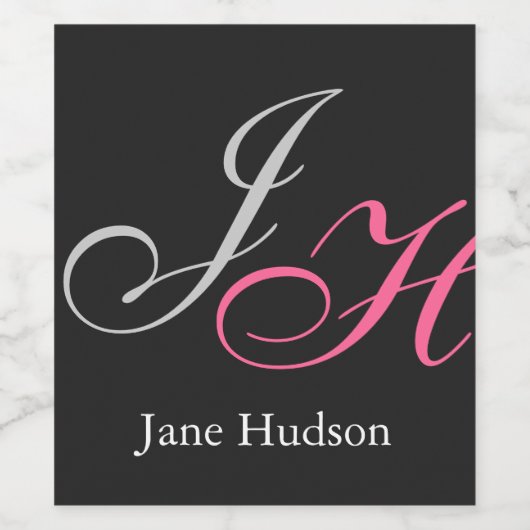 Zwart Grijs Monogram Naam Initiaal Letters Script Wijn Etiket (Enkel label)