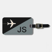 zwart grijs monogram vliegtuigonderscheid bagagelabel (Voorkant horizontaal)