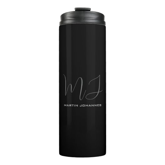 Zwart Grijs Monogrammed Naam Modern Minimalist Chi Thermosbeker (Voorkant)