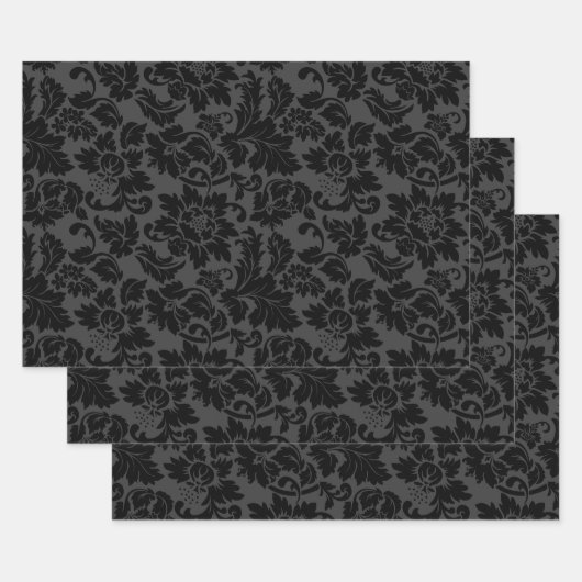 Zwart & Grijs Monotonen Bloemen Damast Inpakpapier Vel (Set)