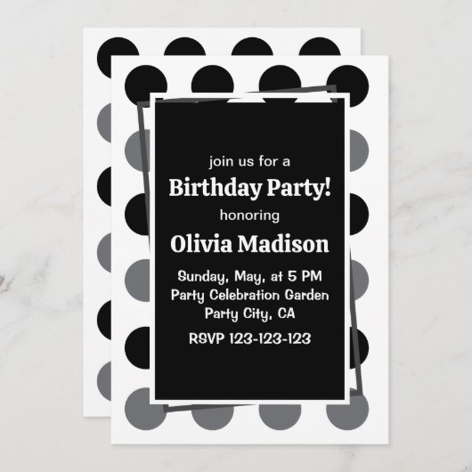 Zwart Grijs Polka Dot Verjaardagsfeest Kaart (Voorkant / Achterkant)