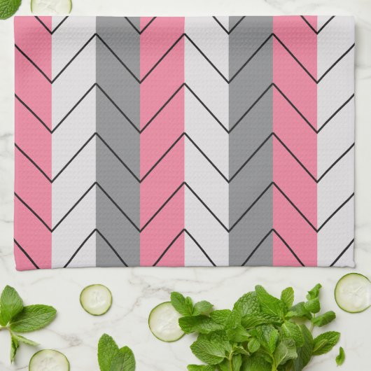 Zwart Grijs Roze Chevron Strepen Patroon Theedoek (Gevouwen)
