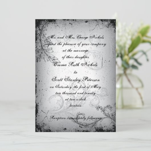 zwart grijs scrollblad huwelijksuitnodiging kaart (Staand voorkant)