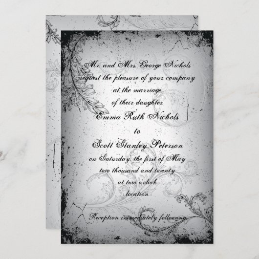 zwart grijs scrollblad huwelijksuitnodiging kaart (Voorkant / Achterkant)