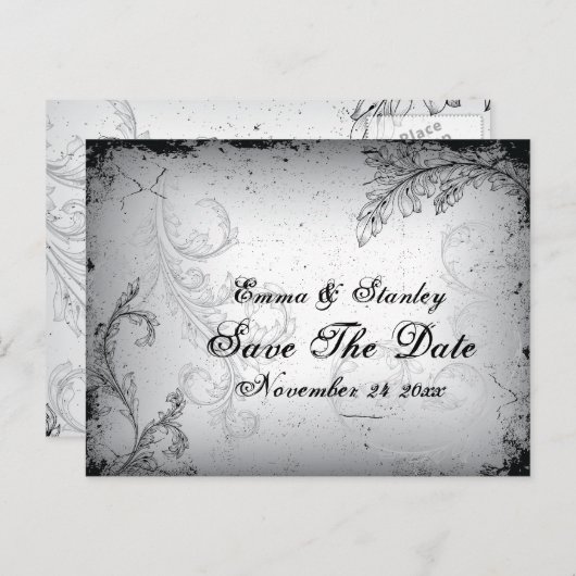 zwart grijs scrollblad Save the Date Aankondigingskaart (Voorkant / Achterkant)