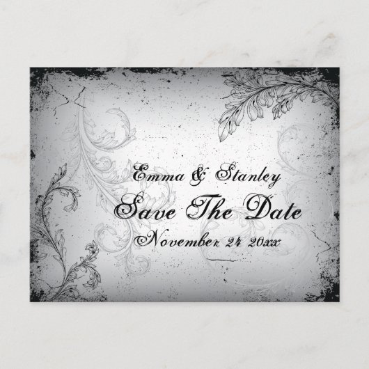 zwart grijs scrollblad Save the Date Aankondigingskaart (Voorkant)