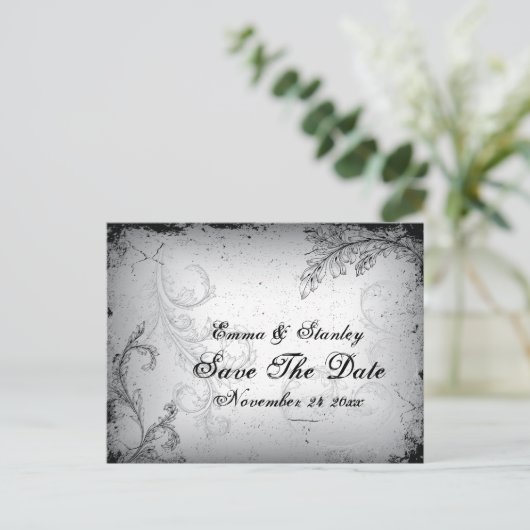 zwart grijs scrollblad Save the Date Aankondigingskaart (Staand voorkant)