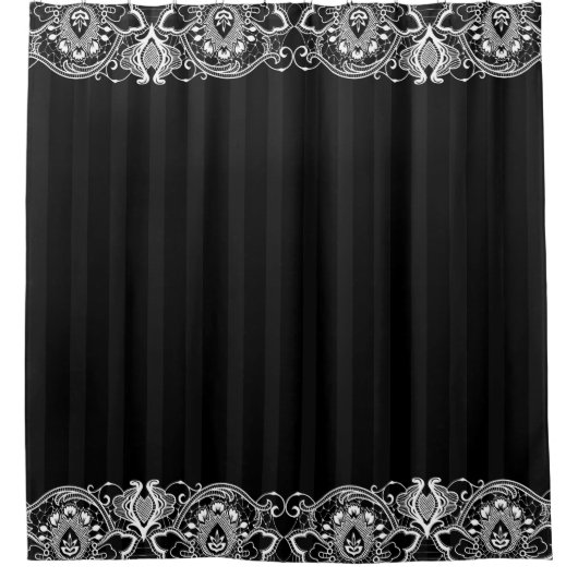 Zwart & Grijs Strepen & Wit  Kant Douchegordijn (Voorkant)