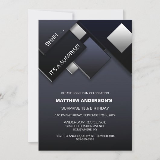 Zwart Grijs Verrassing 18e Verjaardagsfeestje Kaart (Voorkant)