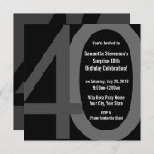 Zwart/Grijs Vierkant Groot 40 Verjaardagsfeestuitn Kaart (Voorkant / Achterkant)