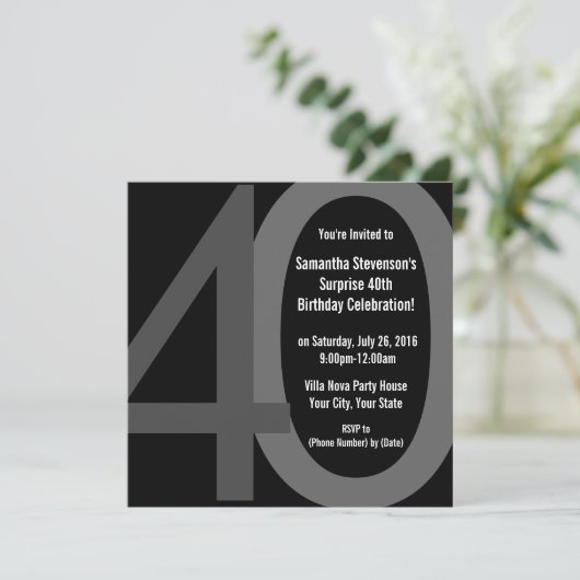 Zwart/Grijs Vierkant Groot 40 Verjaardagsfeestuitn Kaart (Staand voorkant)