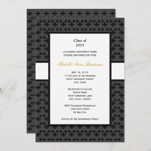 Zwart grijs Vloour de Lis-grens Formeel Afstuderen Kaart (Voorkant / Achterkant)