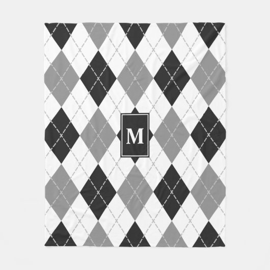 Zwart Grijs Wit Argyle Plaid Monogrammed Fleece Deken (Voorkant)