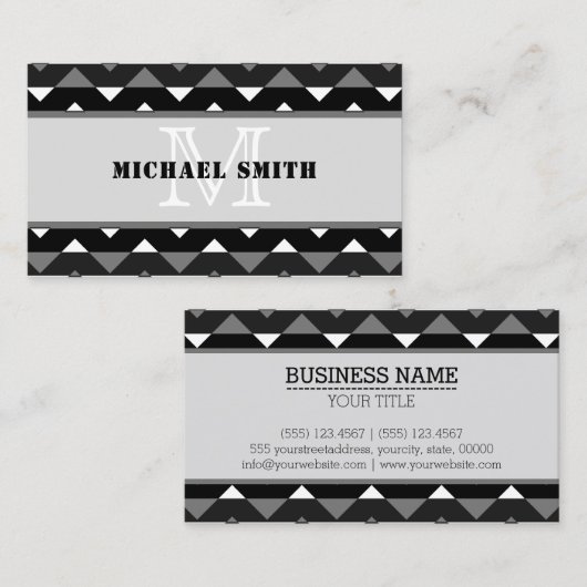 Zwart grijs wit Chevron Zigzag Monogram Visitekaartje (Voorkant / Achterkant)