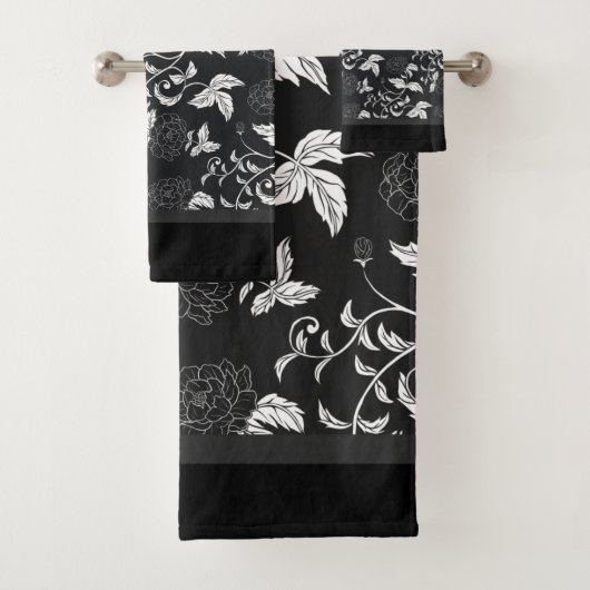 Zwart grijs wit elegant modern Floral Leaf Bad Handdoek (Insitu)