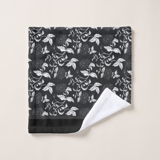 Zwart grijs wit elegant modern Floral Leaf  Bad Handdoek (Wasdoekje)