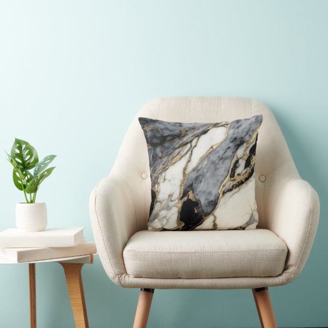Zwart Grijs Wit Goud Marmer Wervelend Abstract  Kussen (Stoel)