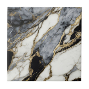 Zwart Grijs Wit Goud Marmer Wervelend Abstract Tegeltje