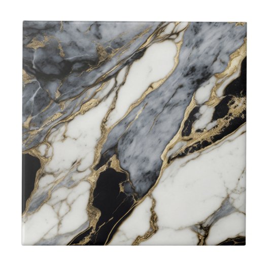 Zwart Grijs Wit Goud Marmer Wervelend Abstract Tegeltje (Voorkant)