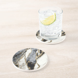 Zwart Grijs Wit Goud Marmeren Swirl Abstract Zandsteen Onderzetter
