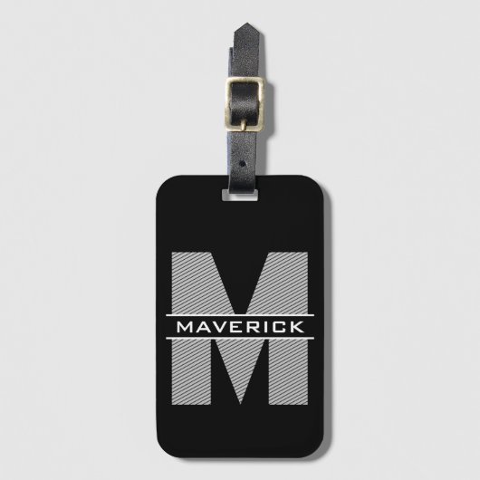 Zwart grijs wit monogram naam Modern Masculine Bagagelabel (Voorkant (verticaal))