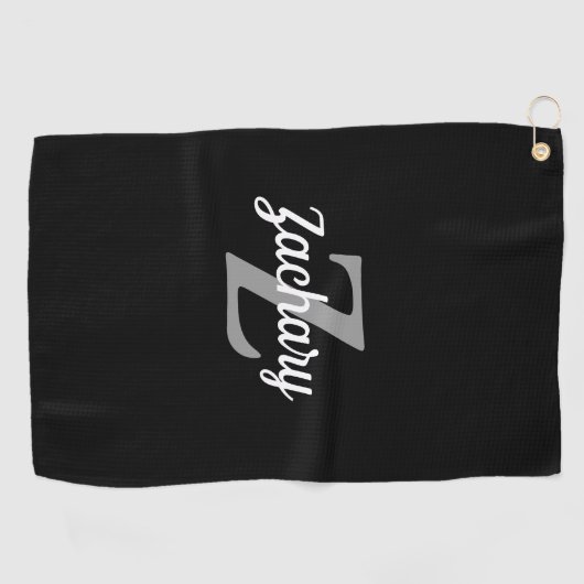 Zwart grijs wit monogram op maat golfhanddoek (Horizontaal)