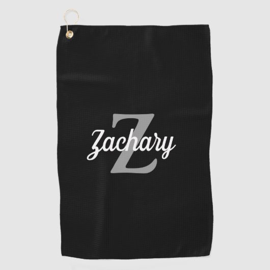 Zwart grijs wit monogram op maat golfhanddoek (Voorkant)
