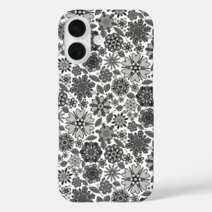 Zwart Grijs Wit Retro Floral Art Naadloos Patroon iPhone 16 Hoesje