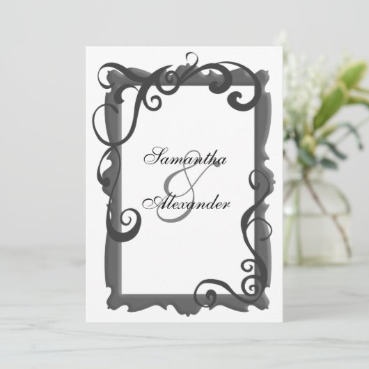 Zwart/Grijs Wit Swirl Lijst bruiloft uitnodigingen (Staand voorkant)
