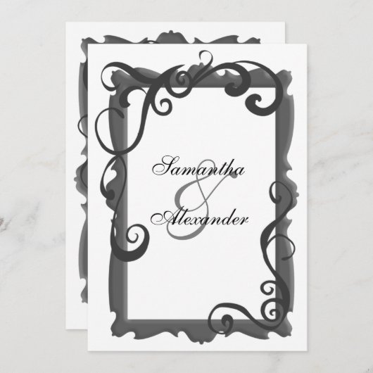 Zwart/Grijs Wit Swirl Lijst bruiloft uitnodigingen (Voorkant / Achterkant)