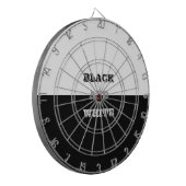 Zwart grijs wit tekst en effen kleuren ontwerp dartbord (Voorkant Links)