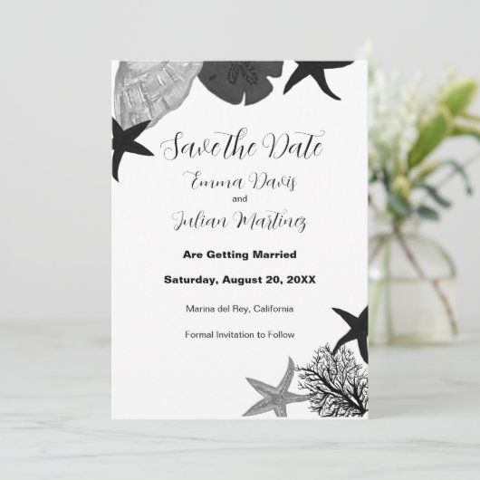 Zwart-grijs-witte zeeslag casual sparen de datum kaart (Staand voorkant)