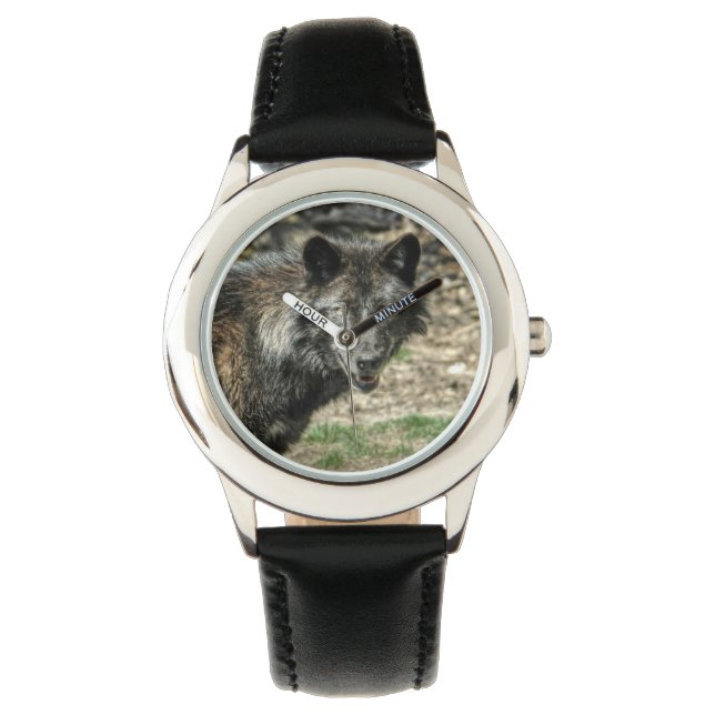 Zwart Grijs Wolf Wildlife Design Horloge (Voorkant)
