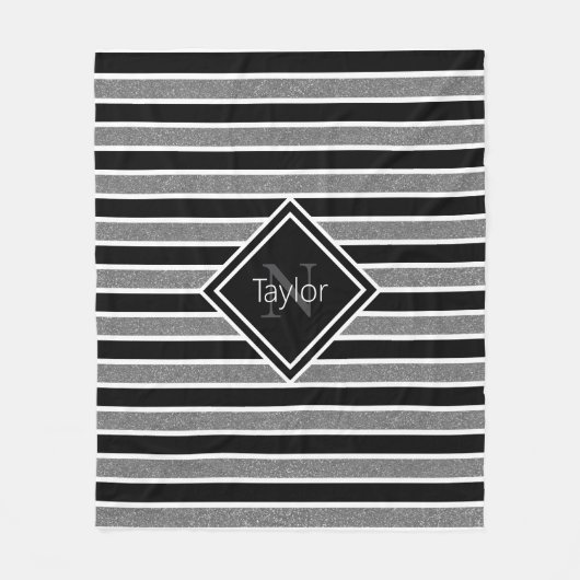 Zwart Grijze Glitter Stripes Monogram Naam Fleece Deken (Voorkant)