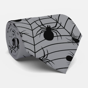 Zwart grijze spinnen spinnenweb Halloween patroon Stropdas